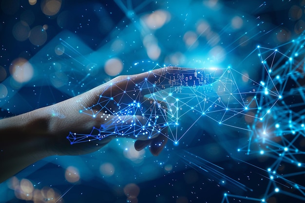 Mani umane che indicano la rete di intelligenza artificiale concetto di intelligenza artificialmente artificiale