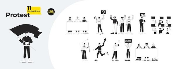 Manifestazione di protesta cartone animato bianco e nero flat illustration bundle persone multiculturali tengono cartelli personaggi lineari 2D isolati giustizia sociale monocromatica raccolta di immagini a contorno vettoriale