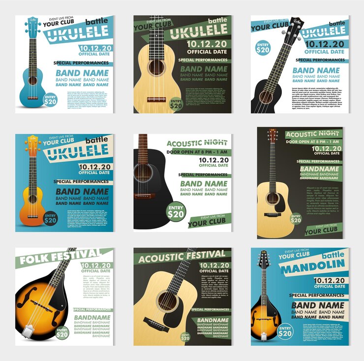 Vettore manifesti musicali. poster di chitarra per il festival. modello retrò vintage.
