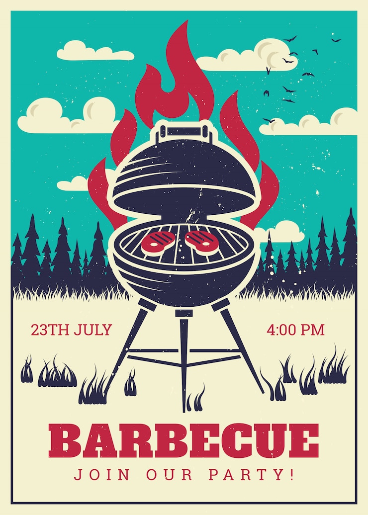 Vettore manifesto del partito della griglia del bbq dell'annata. hamburger deliziosi alla griglia e barbecue di famiglia