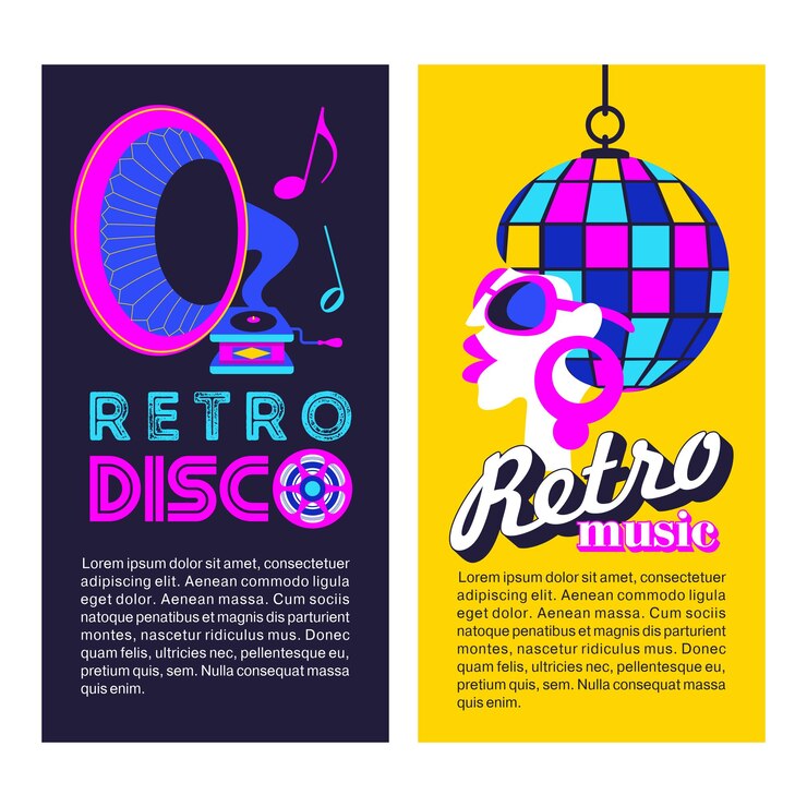 Manifesto del partito retrò. Palla da discoteca e grammofono.