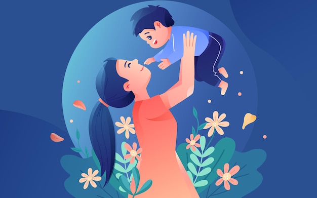 Manifesto dell'illustrazione del bambino del genitore dei fiori del giorno del ringraziamento della festa della mamma dei cartoni animati