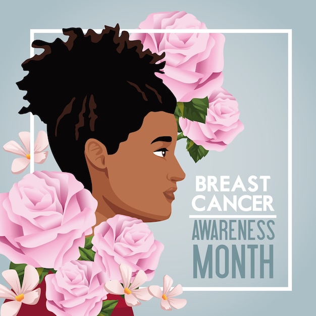 Manifesto della campagna del mese di sensibilizzazione sul cancro al seno con donna afro e rose