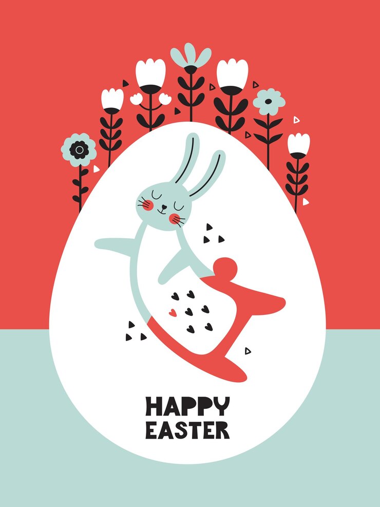 Manifesto di buona Pasqua con tipografia Coniglietto personaggio dei cartoni animati sullo sfondo di un uovo e fiori Concetto di caccia alle uova di Pasqua Illustrazione vettoriale disegnata a mano minimal moderna in stile scandinavo
