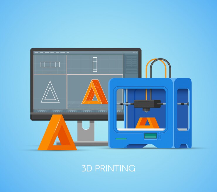 Vettore manifesto di concetto di stampa 3d in stile piano. elementi e icone di design. stampante 3d industriale oggetti di stampa dal modello del computer.