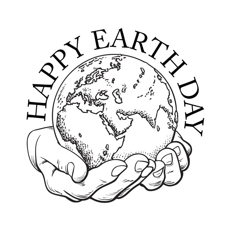 Manifesto di Happy Earth Day di vettore disegnato a mano in bianco e nero raffigurante il globo nelle mani