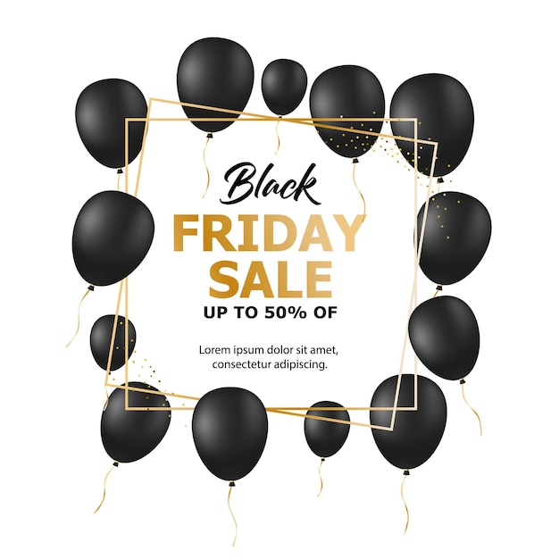 Manifesto di vendita del Black Friday con palloncini lucidi su sfondo bianco con cornice quadrata. Illustrazione vettoriale.