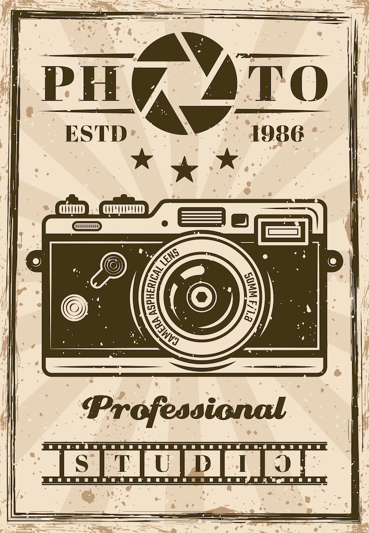 Vettore manifesto di vettore di studio fotografico professionale con macchina fotografica d'epoca. texture e testo grunge separati a strati