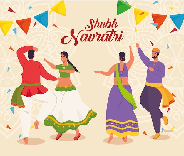Manifesto felice di celebrazione di navratri con coppie indiane che ballano che celebrano il disegno dell'illustrazione