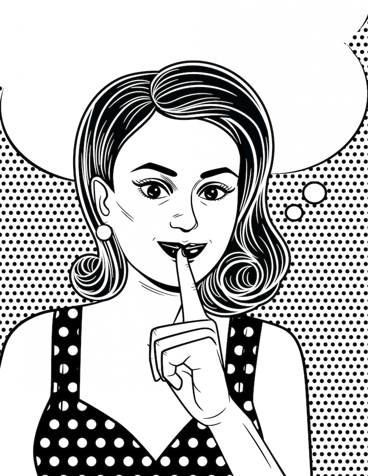 Vettore manifesto in bianco e nero in stile fumetto di una ragazza attraente tiene il dito indice vicino alle labbra. la bella donna in stile retrò vuole mantenere un segreto.