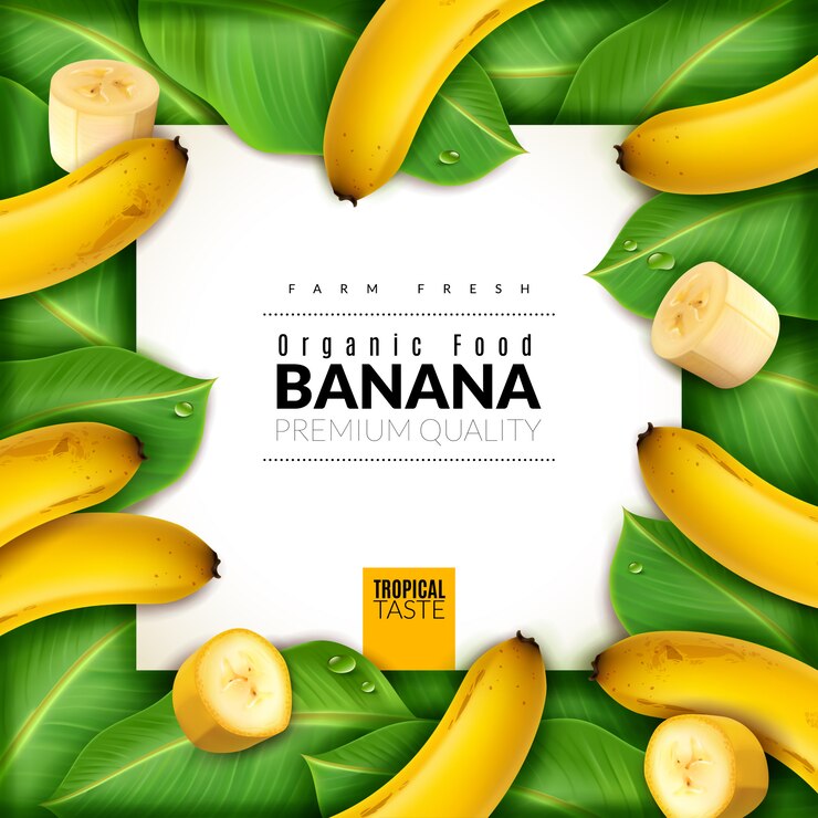 Manifesto realistico della banana della frutta. Al centro dello stendardo con banane, fette e foglie intorno