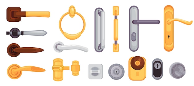 Maniglia e pomello della porta. Serrature, chiavistelli, maniglie e maniglie moderne in metallo e oro dei cartoni animati. Insieme di vettore delle icone dell'elemento delle porte interne della casa. Pomolo per porta d'ingresso, maniglia di design e buco della serratura