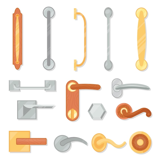Maniglie di porta a cartone animato manopole piatte isolate e maniglie di porte accessori per decorazione e ristrutturazione di case in legno e metallo set di icone vettoriali decenti