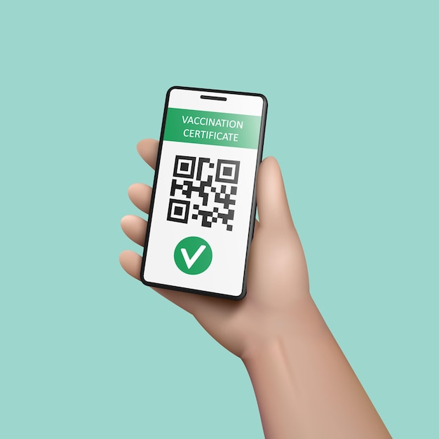 Mano 3d con telefono cellulare Certificato di vaccinazione con codice qr sullo schermo dello smartphone App mobile Pass verde per il controllo COVID19 Illustrazione vettoriale