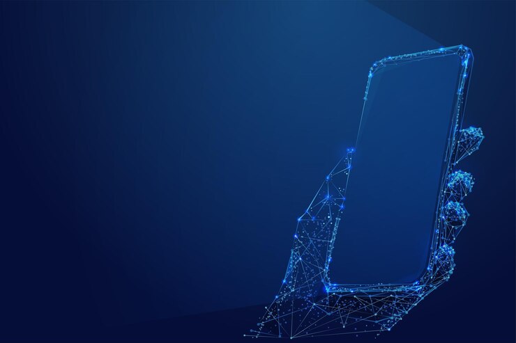 Vettore mano 3d poligonale con telefono su sfondo blu scuro. servizio online, negozio, web, concetto di app.