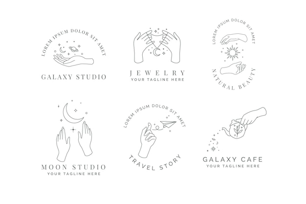 Mano celeste, magia, sole, luna, stella e pianeta elegante logo minimalista