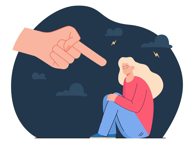 Vettore mano che indica la giovane donna del fumetto colpevole depressa. società che accusa una ragazza triste e imbarazzata, che incolpa la vittima, denuncia, illustrazione vettoriale piatta di convinzione. bullismo, vergogna, concetto di colpa per banner