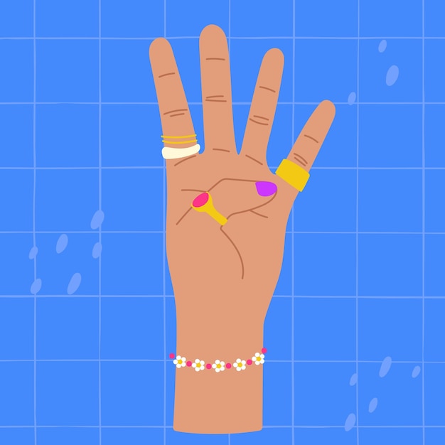 Mano che mostra un'illustrazione colorata di quattro dita Mano che conta quattro Mano con 4 dita alzate