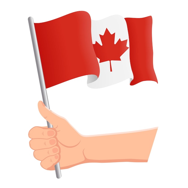 Mano che tiene e sventola la bandiera nazionale del Canada Concetto patriottico del giorno dell'indipendenza dei fan Illustrazione vettoriale