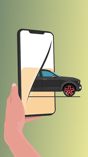 Mano che tiene il cellulare, auto di consegna Pop-up dallo schermo