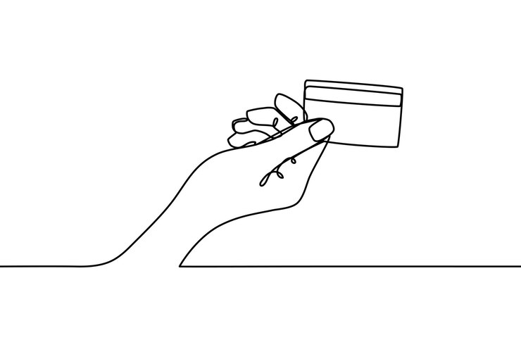 Mano che tiene il disegno a linee continue della carta di credito