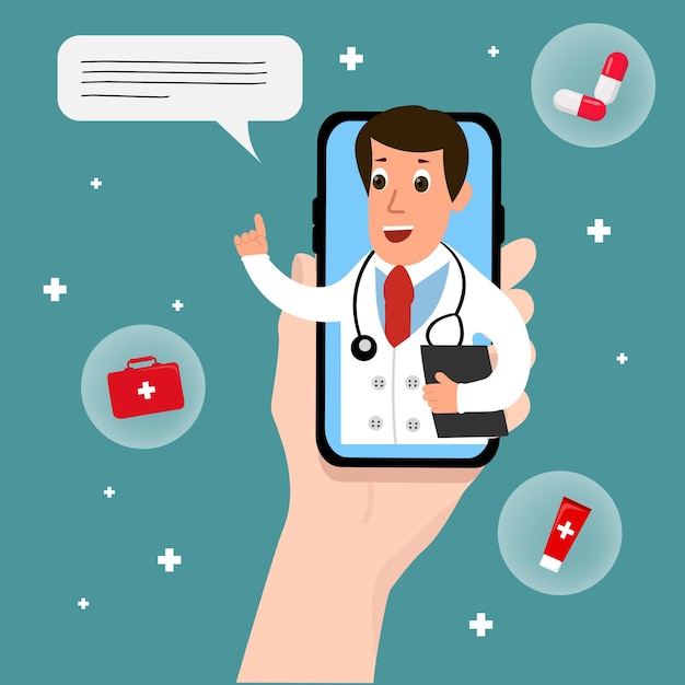Mano che tiene il telefono che chiama incontro online con il medico nell'illustrazione vettoriale