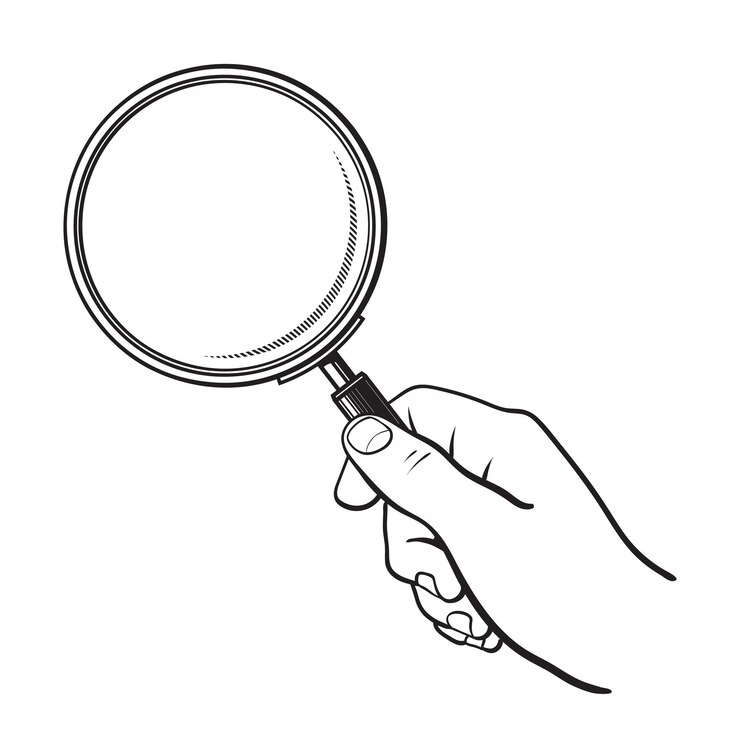 Mano che tiene la lente d'ingrandimento in bianco e nero stile schizzo illustrazione vettoriale