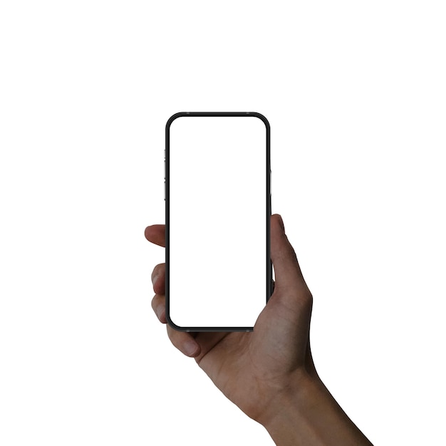 Mano che tiene lo smartphone nero con schermo vuoto e moderno isolato su sfondo bianco