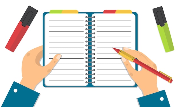 Mano che tiene taccuino e matita Concetto di organizzazione Design piatto