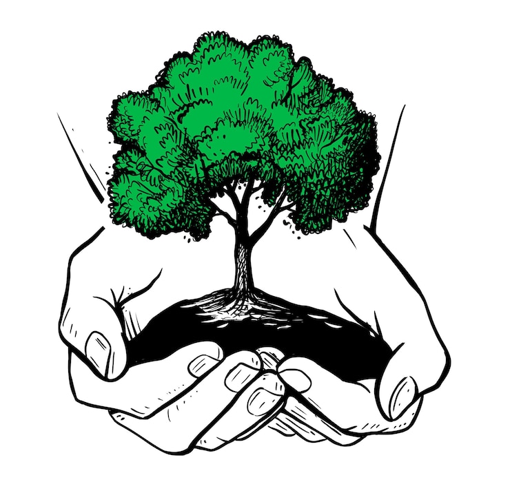 Vettore mano con albero verde. tema di ecologia