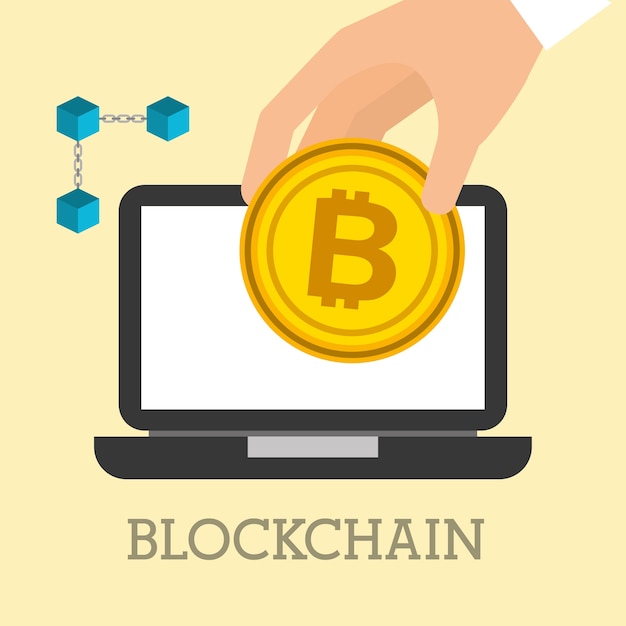 mano con computer portatile bitcoin e illustrazione vettoriale blockchain