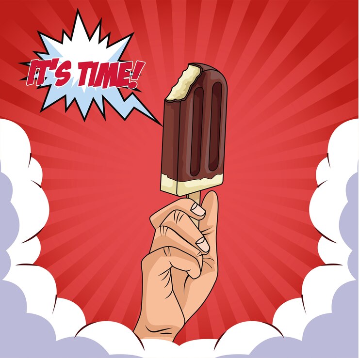Vettore mano con delizioso gelato in stile pop art bastone