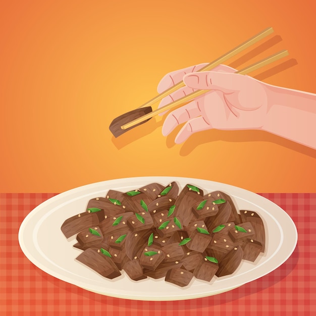 Mano con le bacchette che estraggono il piatto coreano di bulgogi. Poster di illustrazione di cibo asiatico in stile cartone animato