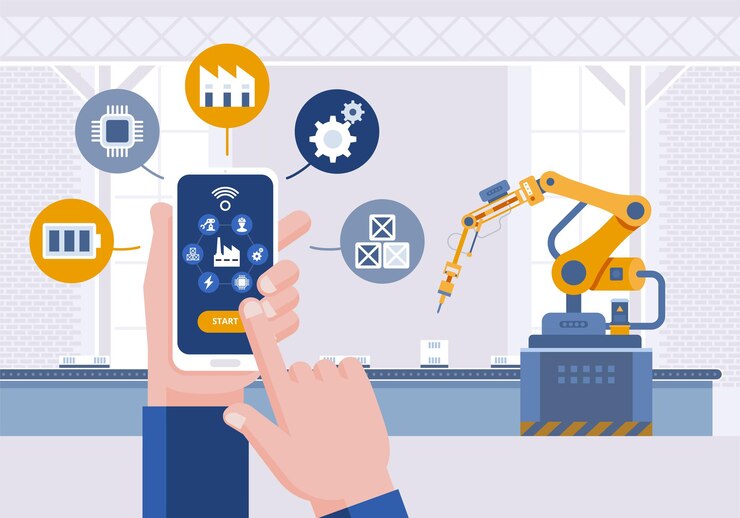 Mano con lo smartphone. App di monitoraggio su smartphone e linea di produzione automatizzata intelligente.