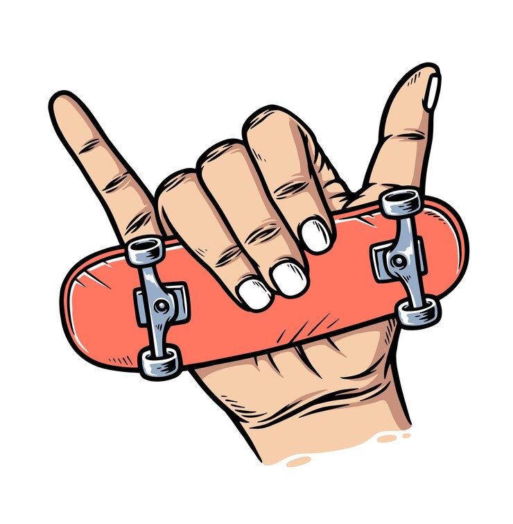 Vettore mano con uno skateboard rosso e uno skateboard rosso.