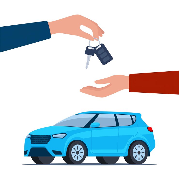 Mano del rivenditore che fornisce la catena di chiavi a una mano dell'acquirente Vista laterale blu moderna dell'auto Suv