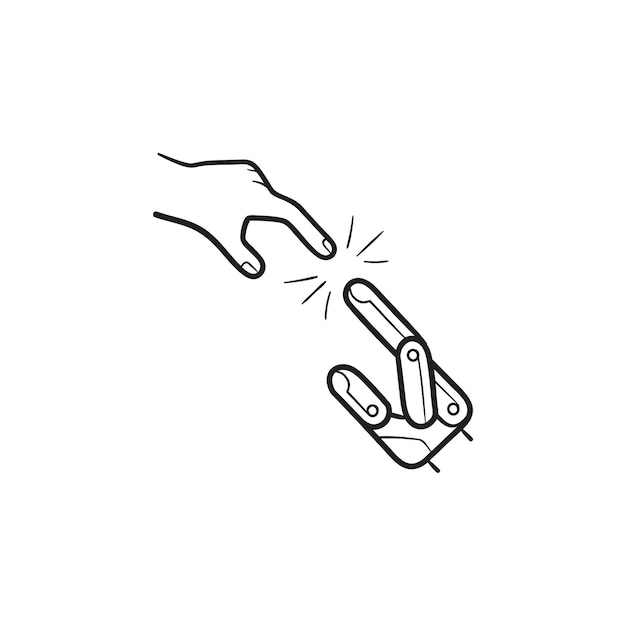 Mano del robot che tocca l'icona di doodle di contorni disegnati a mano mano umana. Interazione tra uomo e robot, concetto di ai