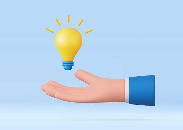 Mano di cartone animato 3D che tiene una lampadina