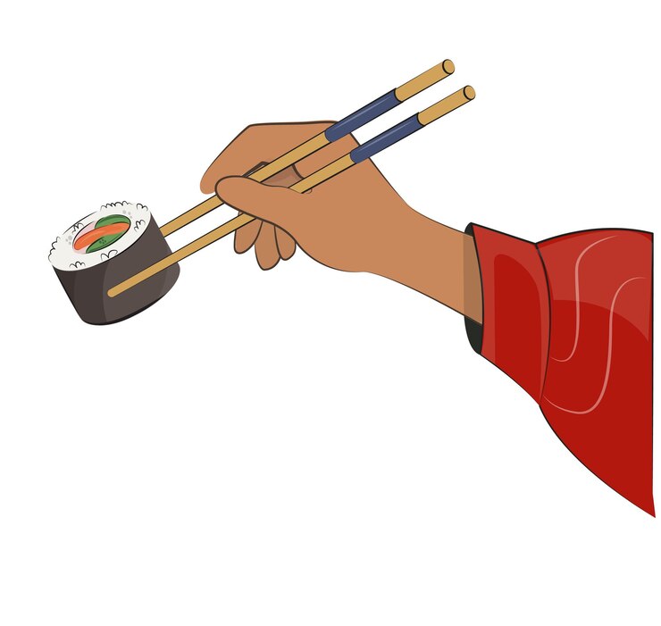 Vettore mano di cucina giapponese con le bacchette cibo asiatico per i menu dei ristoranti e i siti di consegna dei manifesti vettore piatto illustrazione isolato su sfondo bianco rotoli di sushi onigiri salsa di soia set immagine stock