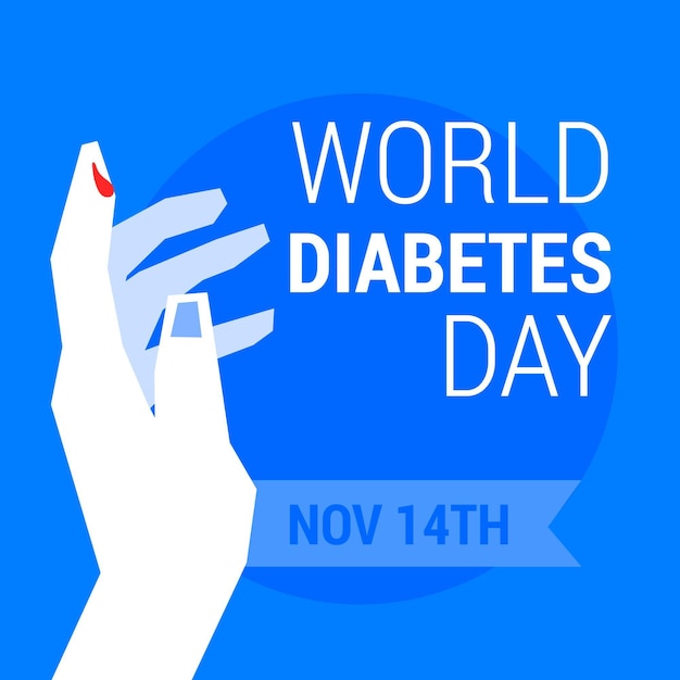 Mano di design piatto giornata mondiale del diabete con goccia di sangue