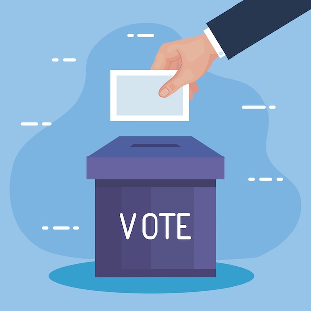 Mano di giorno delle elezioni che tiene carta di voto e design della scatola, tema del governo e della campagna del presidente