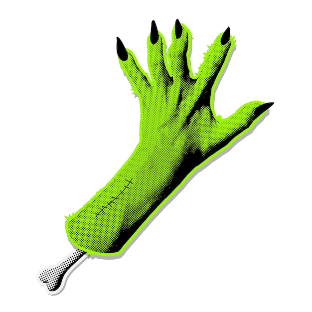 Mano di mostro zombie verde neon con lunghi artigli Halftone grungy spaventoso Halloween clip art Demon hand halftone collage per mixed media design Illustrazione vettoriale isolata su sfondo trasparente