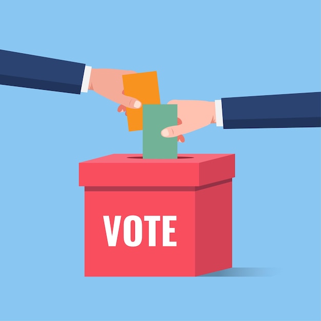 Mano di voto ed elezione che tiene la scheda elettorale nell'urna