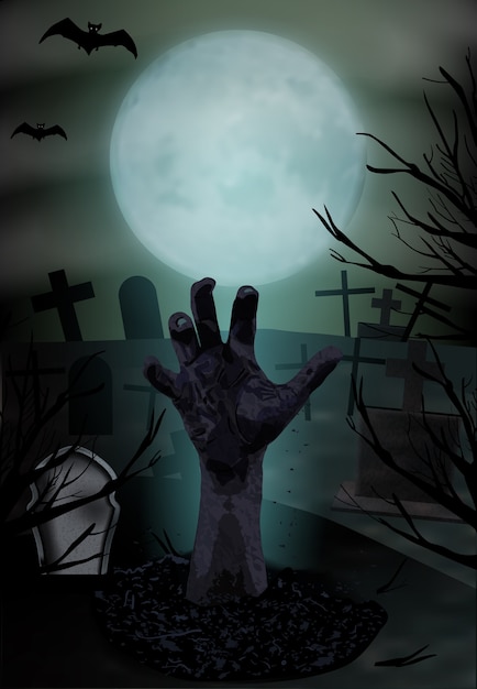 Mano di zombie che sale dalla tomba, sfondo di Halloween.