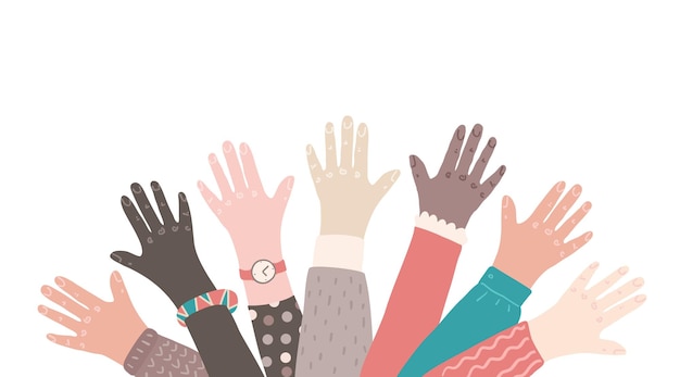 Mano diversa Persone con diversi colori della pelle che alzano le mani Concetto di comunità di amici vettoriali