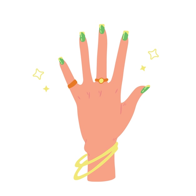 Mano femminile con anelli di unghie manicurati colorati Disegno delle unghie vettoriale moderno colorato a mano
