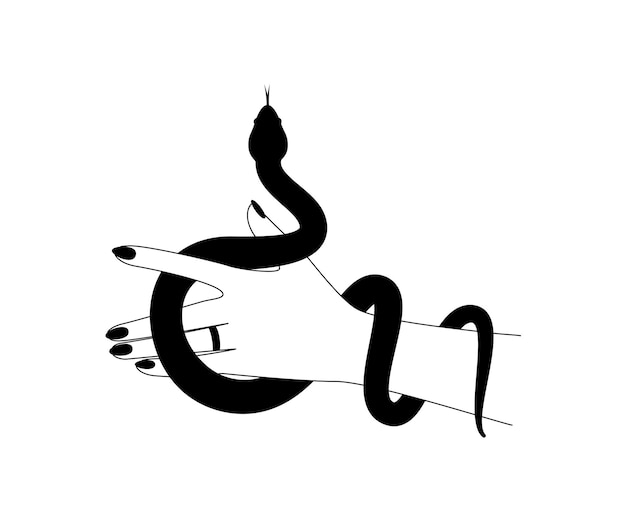 Mano magica e stile di contorno di serpente celeste. Simbolo spirituale elegante per il logo del nome del marchio. Serpente dalla silhouette nera mistica esoterica per streghe magiche. Illustrazione vettoriale.