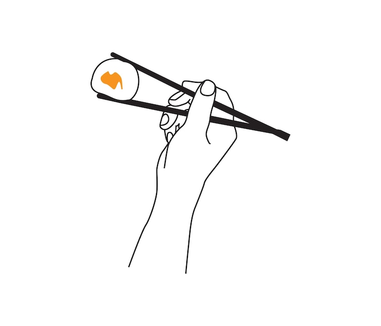 Vettore mano vettoriale che tiene una bacchetta con un disegno di linea continua di sushi