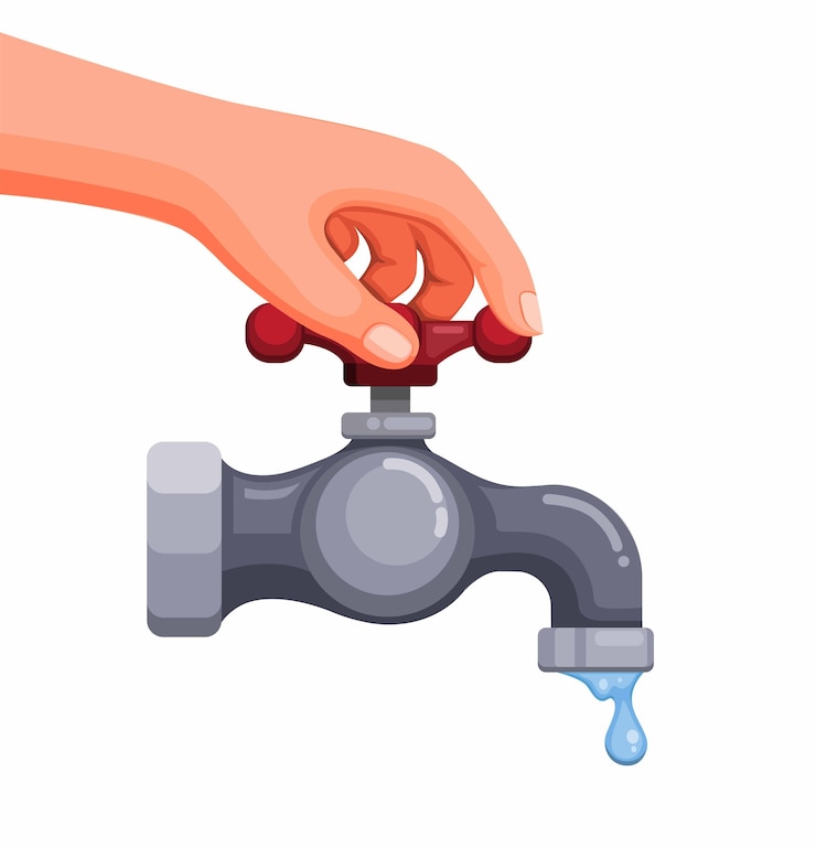 Mano vicino gru per risparmiare acqua e concetto ecologico nell'illustrazione del fumetto