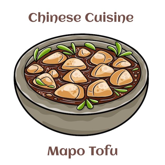 Mapo Tofu Consiste in tofu in una salsa piccante tipicamente una sottile sospensione oleosa e rosso vivo insieme a carne macinata solitamente maiale o manzo Cibo cinese Immagine vettoriale isolata